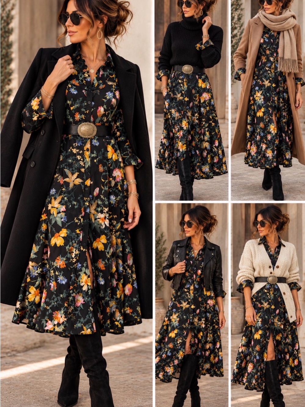 Per Se Black Floral Button Front Midi Dress Bell Sleeve Size 2